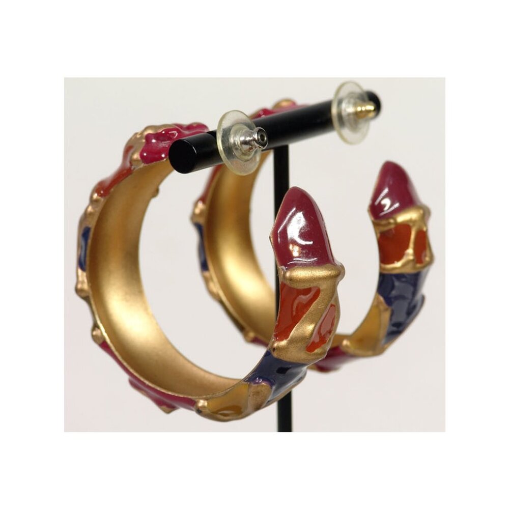 Vtg 1990s Hoops 2" Earrings Enamel Abstract Geo Hippie Boho Batik Nordstrom NOS